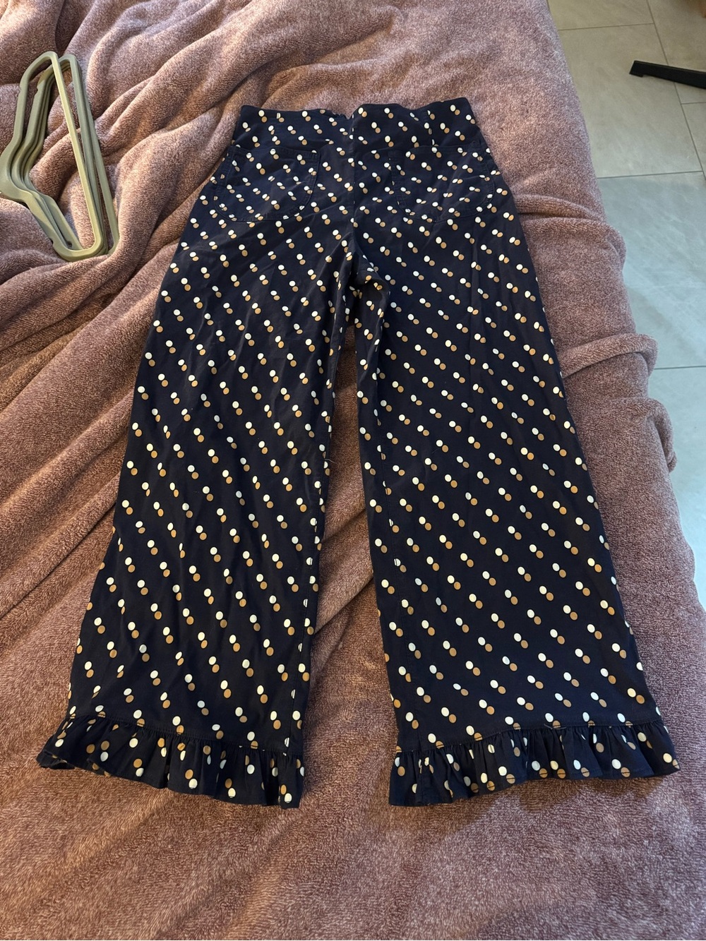NWOT Maeve by Anthropologie Navy / Dotted Colette Wide-Leg Pants w/ Ruffle Hem